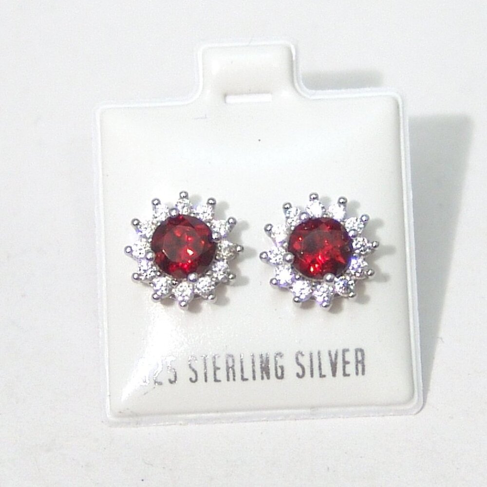 Sterling Silver Genuine Garnet Stud Earrings Cubic Zirconia Halo Carded